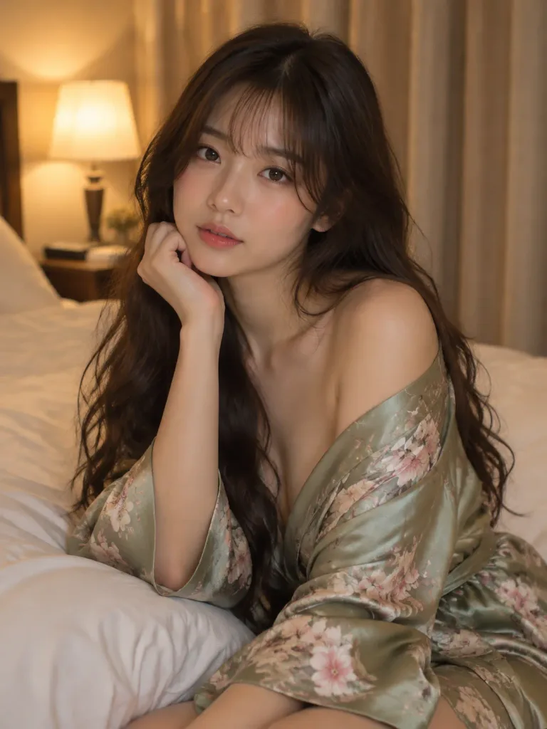 꽃무늬 새틴 가운을 입은 사색적인 여성