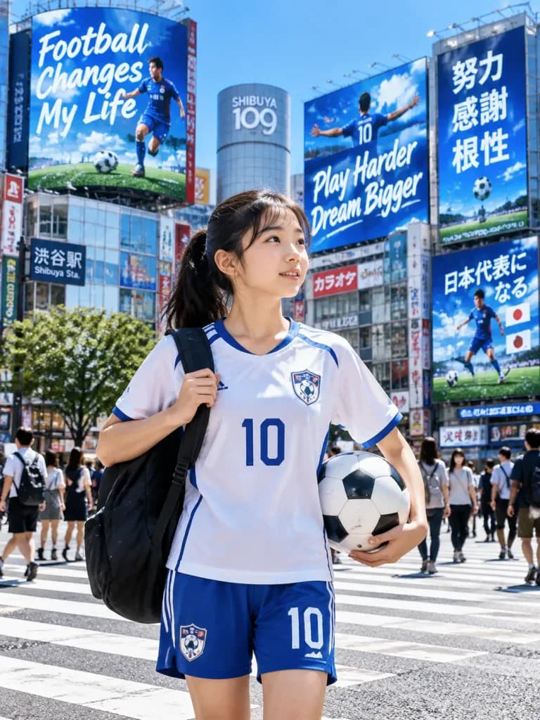 Joven futbolista en el cruce de Shibuya