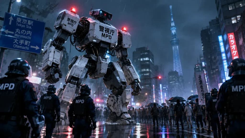 Meca policial en protesta bajo lluvia en Tokio