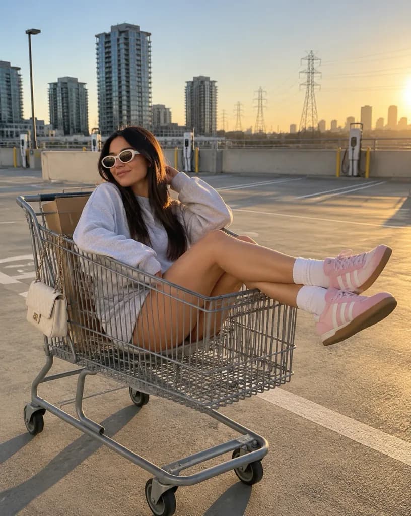 Woman Lounging in Rooftop Shopping Cart