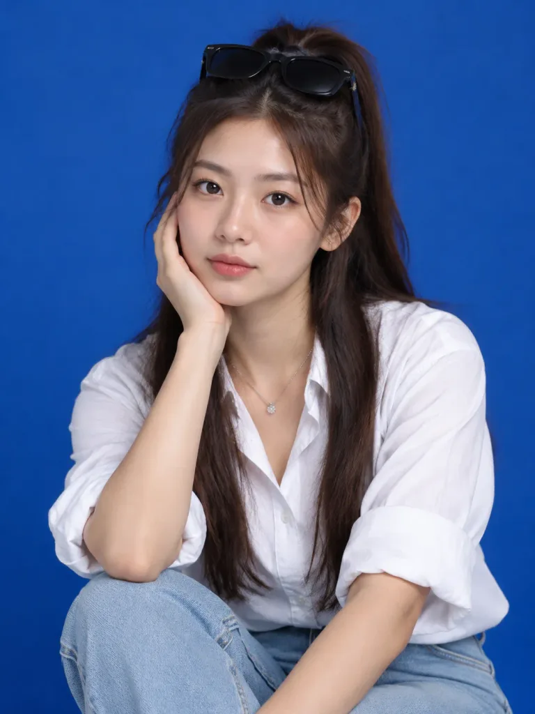 East Asian Woman Blue Studio Portrait