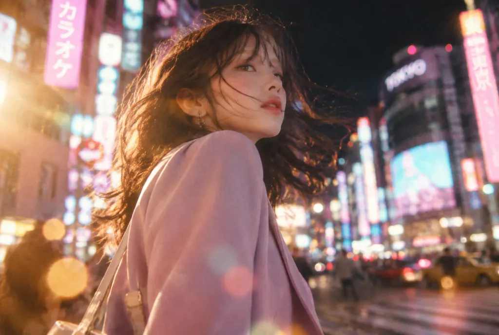 도쿄 밤 네온 횡단보도 포트레이트