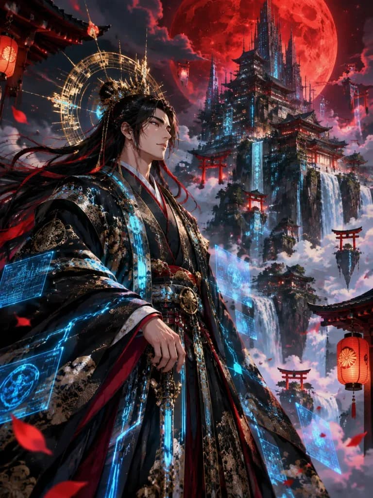 Cyberpunk Japanese Deity and Cliff Fortress