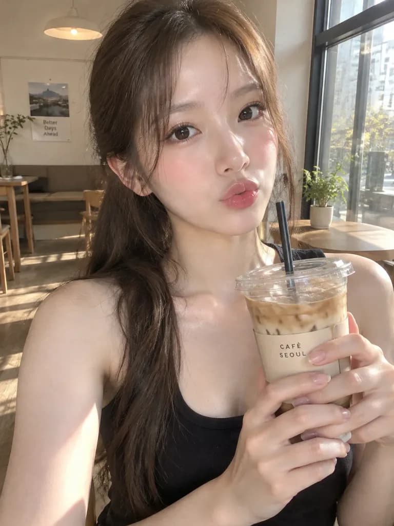 카페에서 찍은 한국 여성 셀카