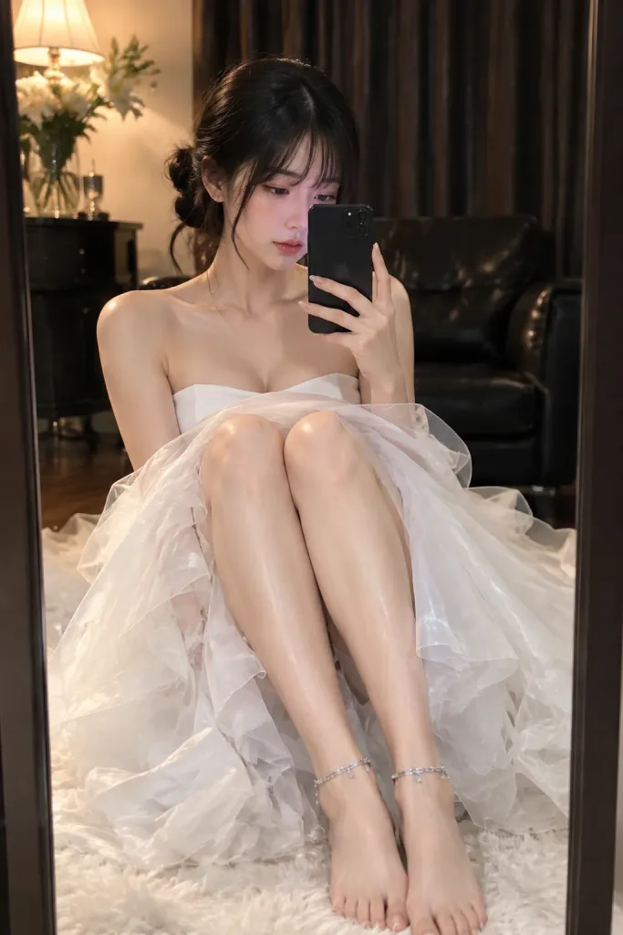 Selfie allo specchio con abito in tulle bianco
