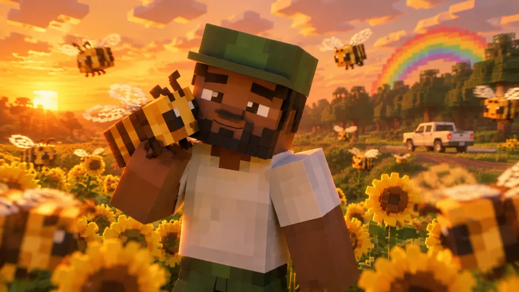 Voxel Character with Bee in Sunflower Field
