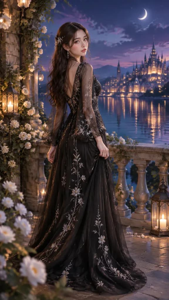 Woman on Moonlit Fantasy Terrace