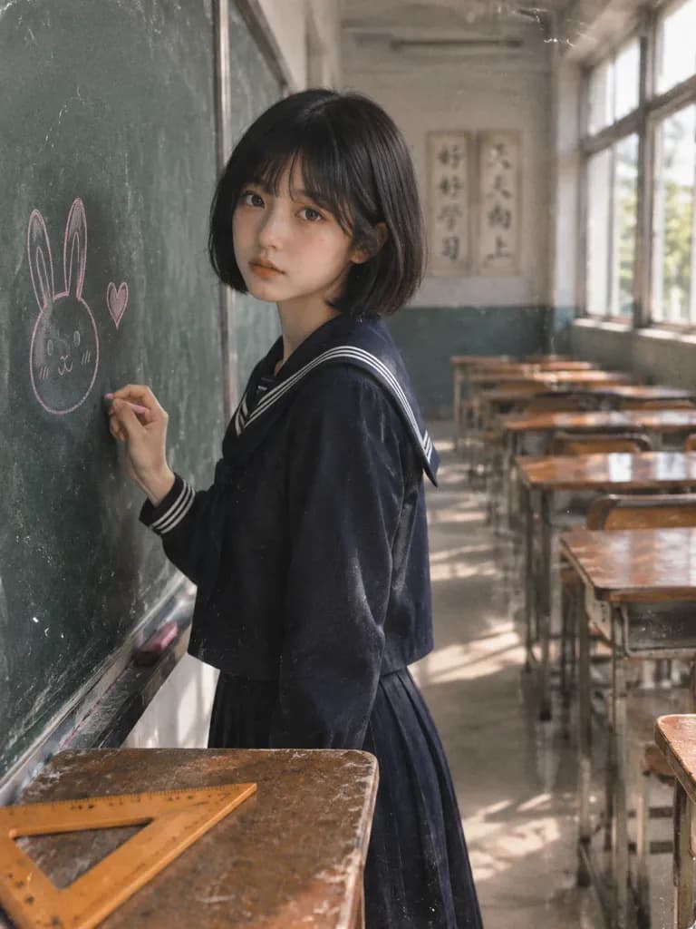 空教室裡的懷舊女學生