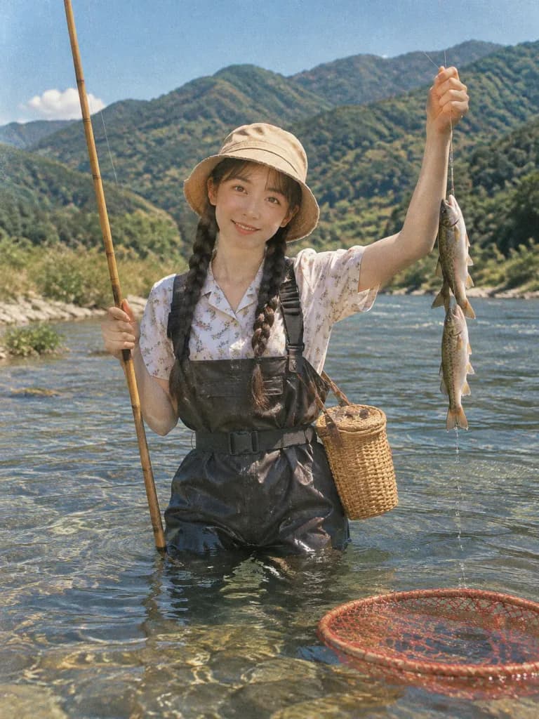 ヴィンテージ風の渓流釣り師ポートレート