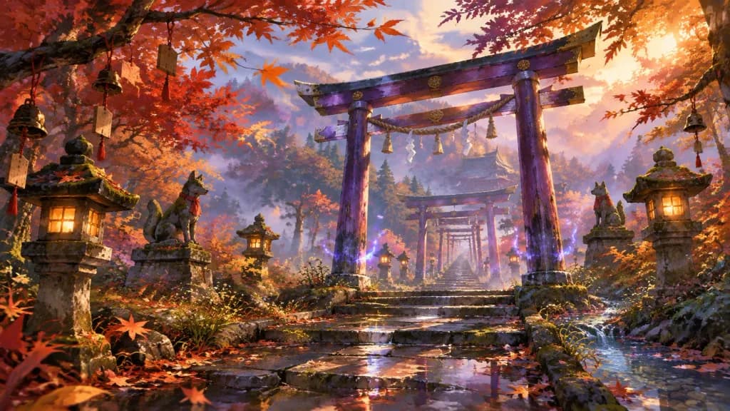 Autumn Fantasy Shrine with Purple Torii