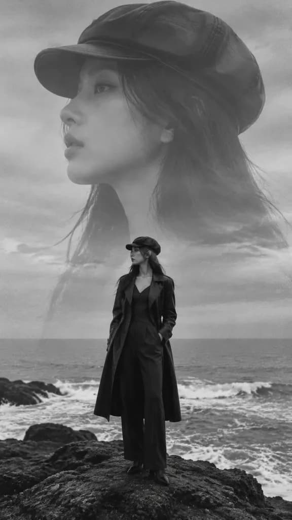 Monochrome Double Exposure Coastal Fashion Portrait
