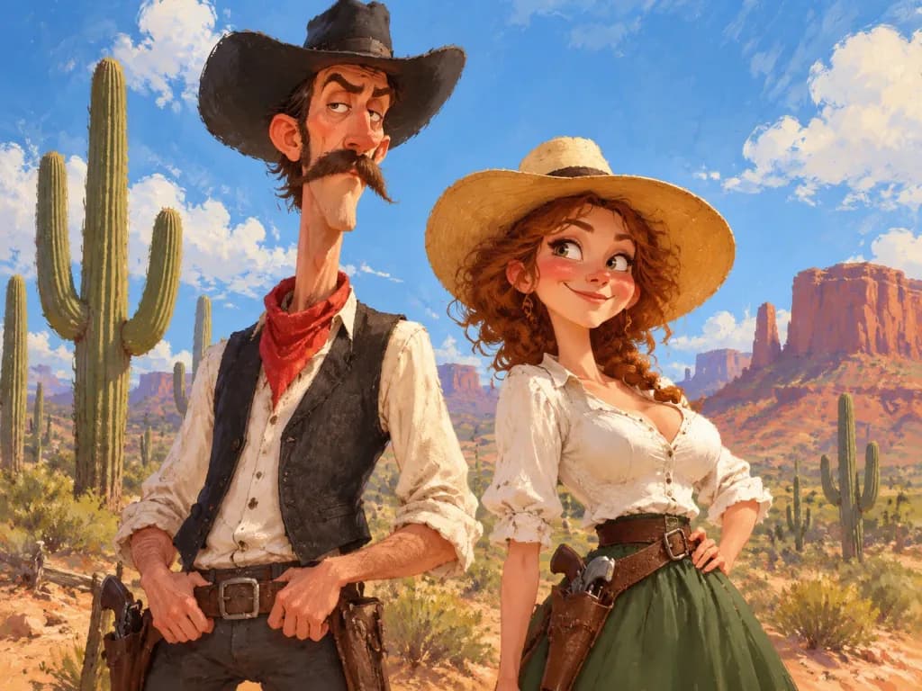 Caricature Western Duo in Desert