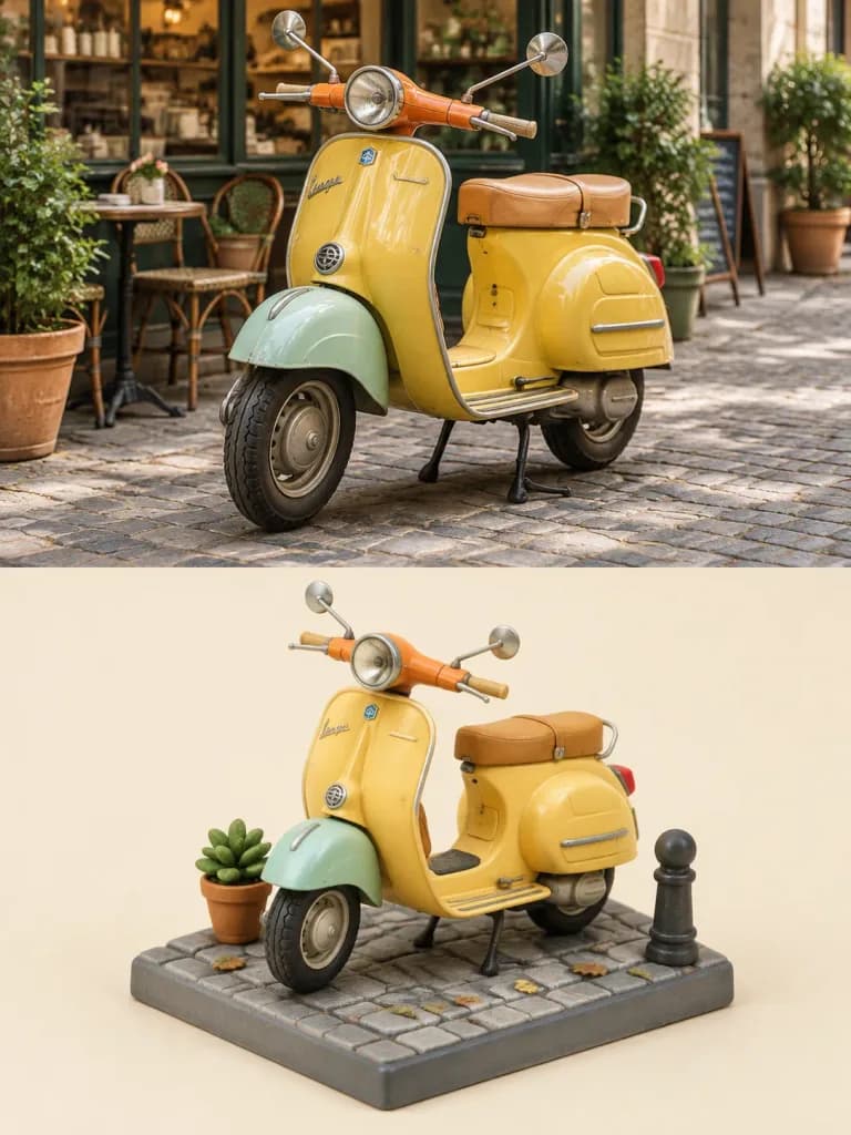 Vintage Vespa Real Versus Miniature Diorama