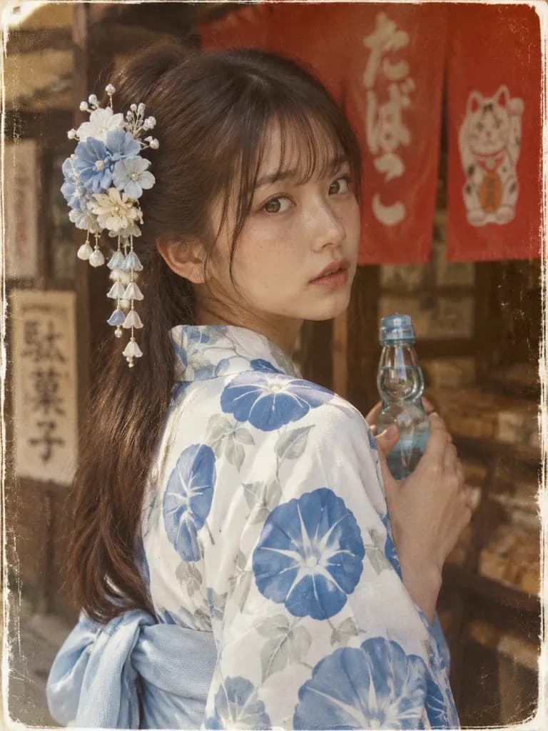라무네를 든 쇼와 레트로 유카타 초상화