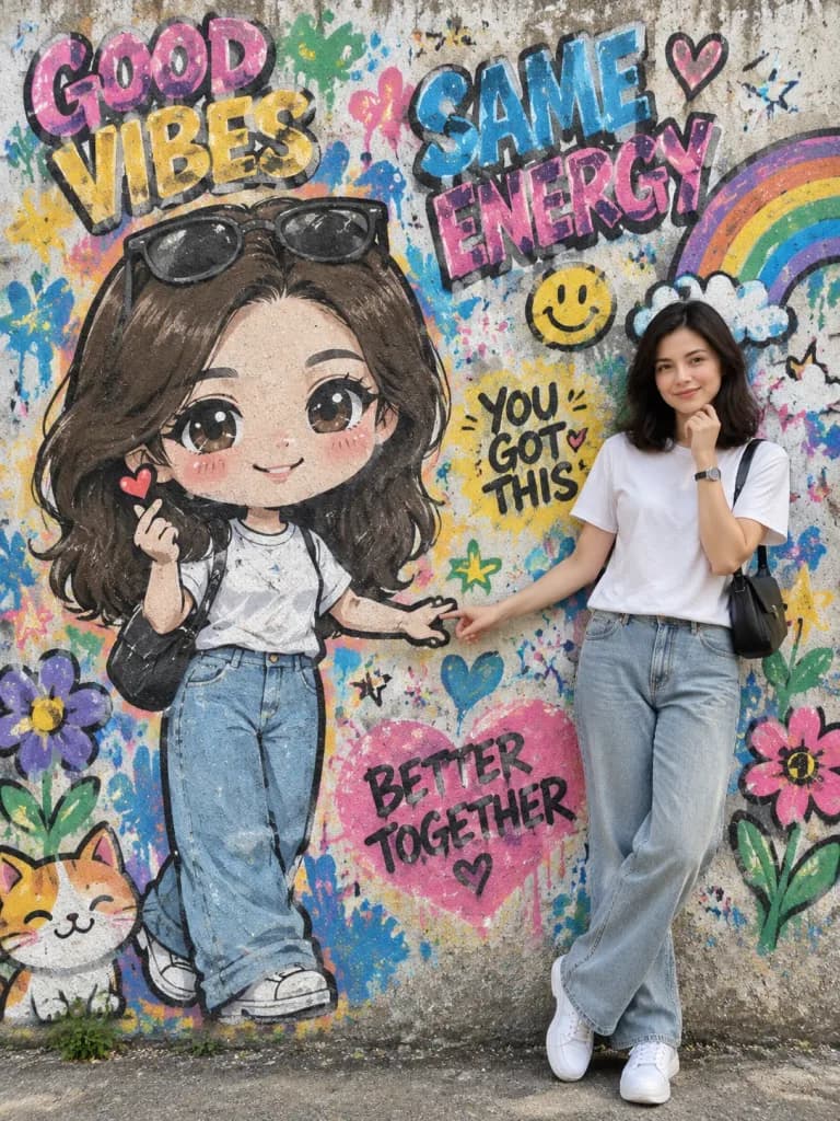 與巨型Q版塗鴉壁畫互動的女子