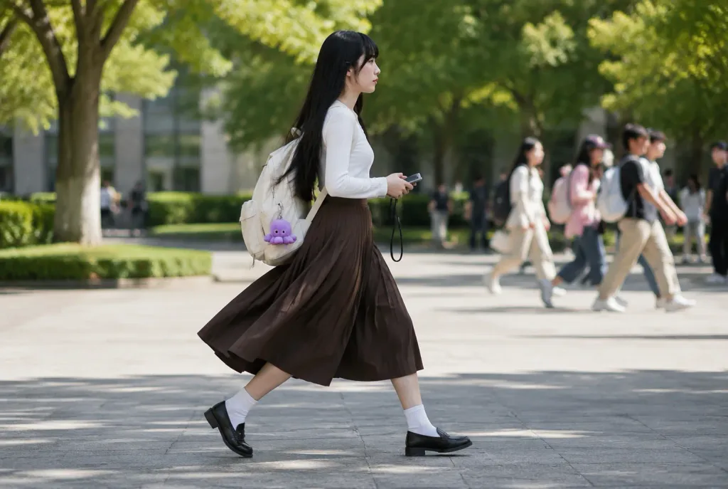 햇살 가득한 캠퍼스 광장을 걷는 젊은 여성