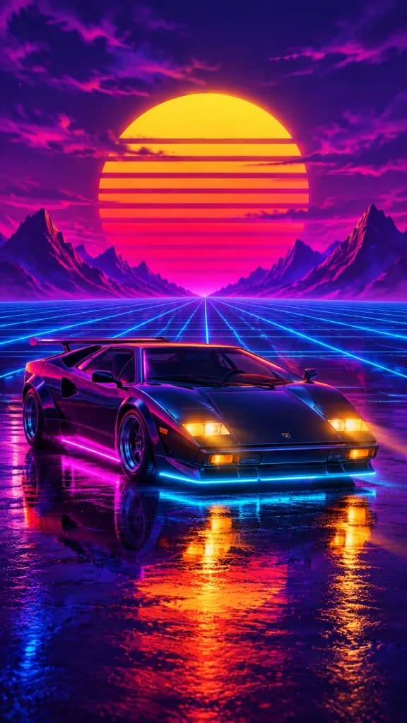 條紋落日下的合成波跑車