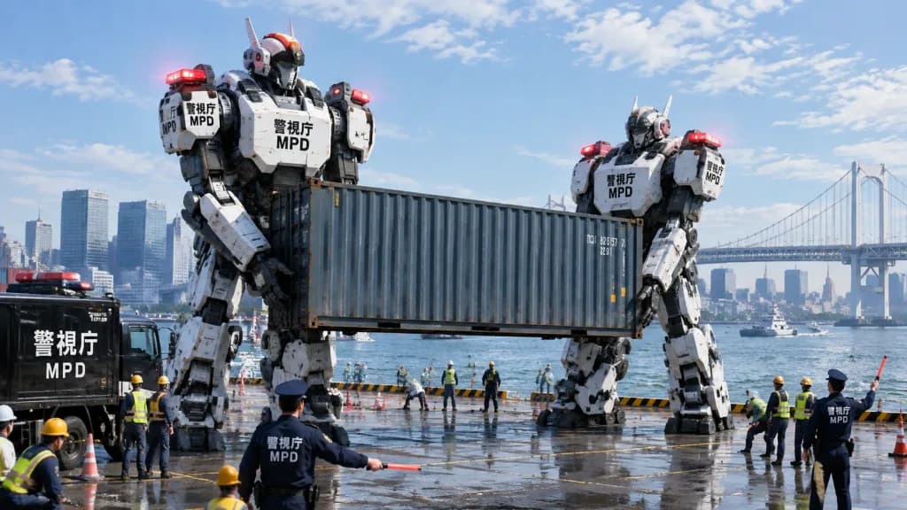 日本の港に現れた巨大警察ロボット