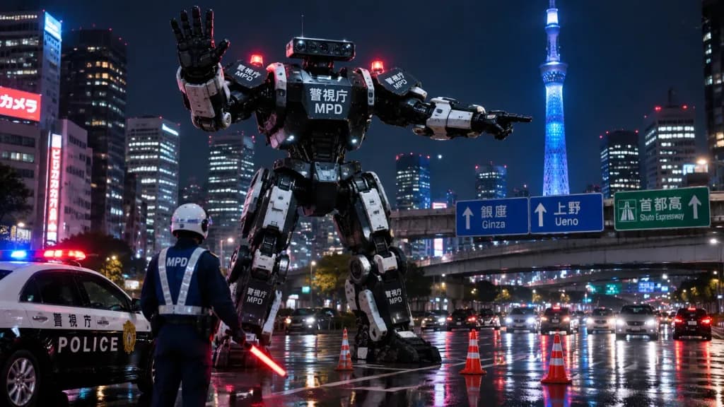 Giant Police Mech Traffic Control Tokyo
