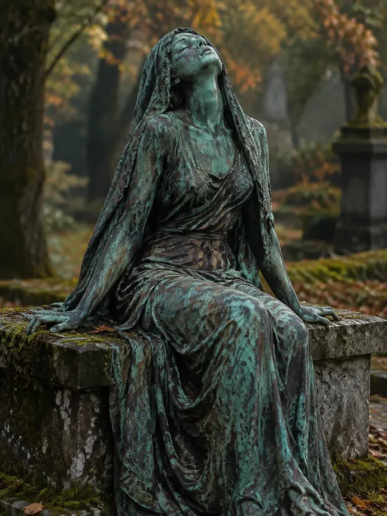 Mourning Bronze Statue in Cemetery