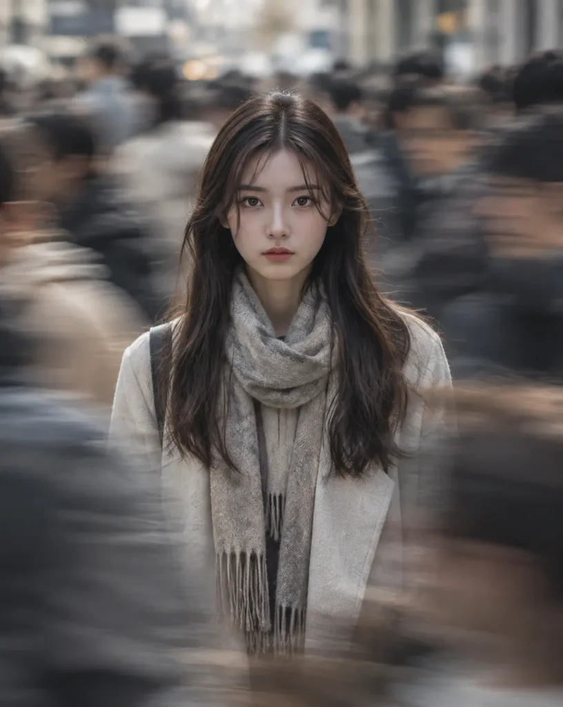 Still Portrait Amid Rushing Crowd Blur