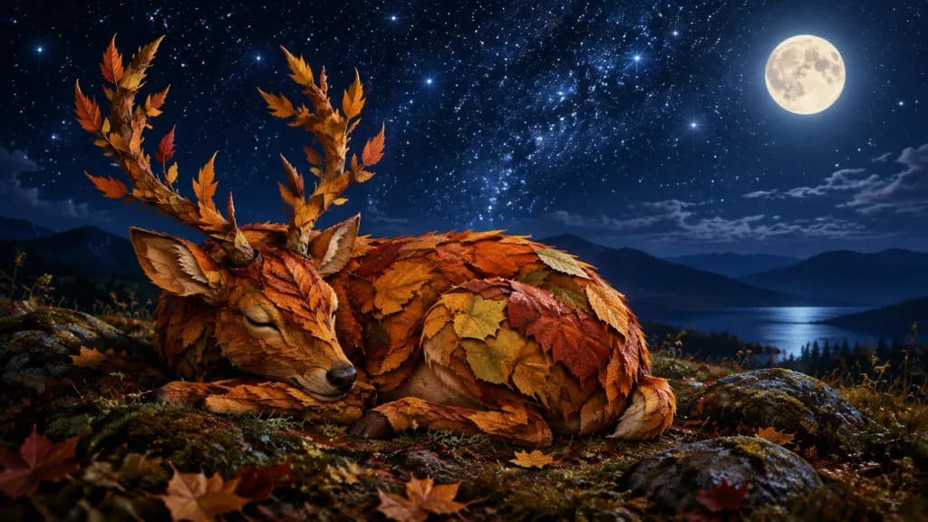 Sleeping Deer Made of Autumn Leaves