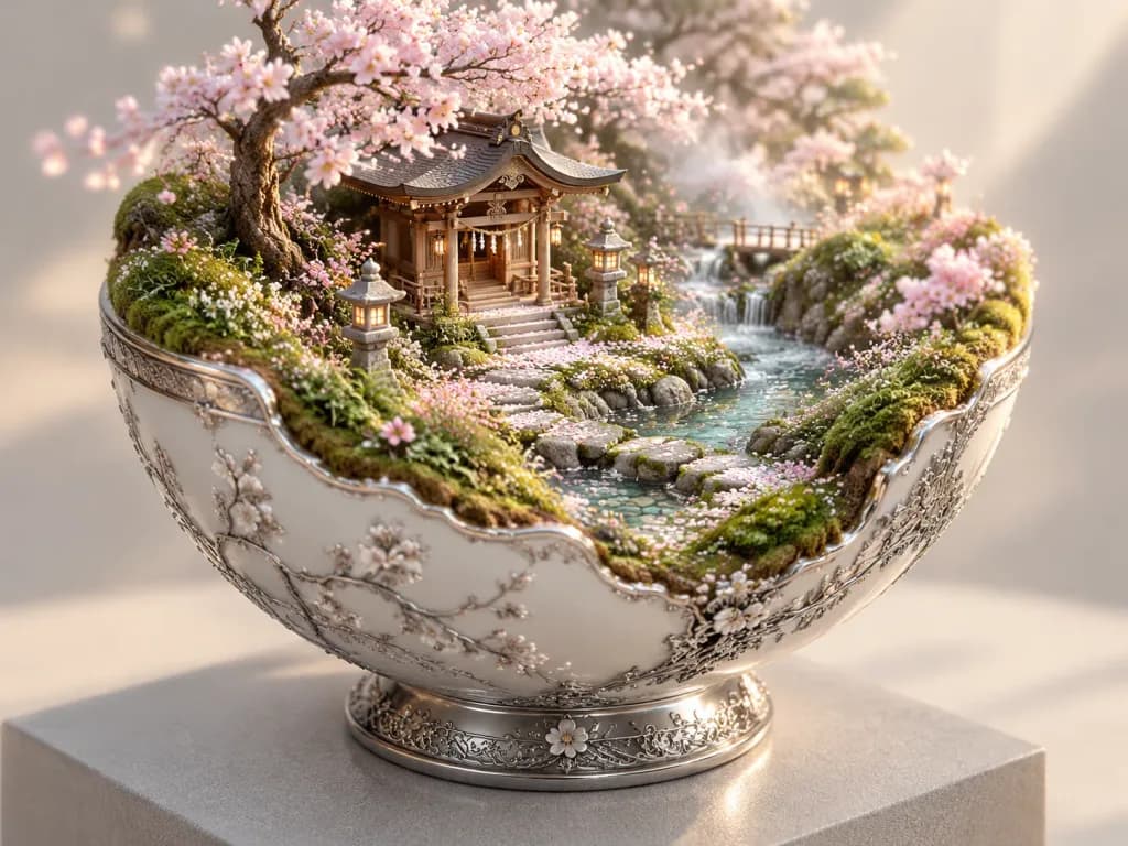 春の神社の装飾鉢ミニチュアジオラマ