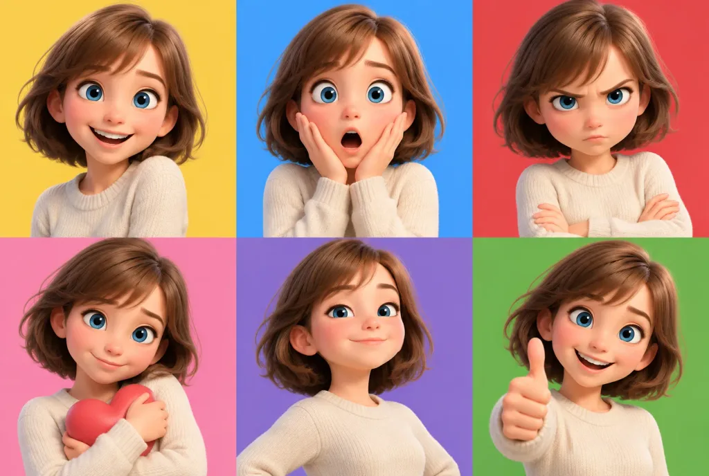 3Dアニメ少女の表情グリッド