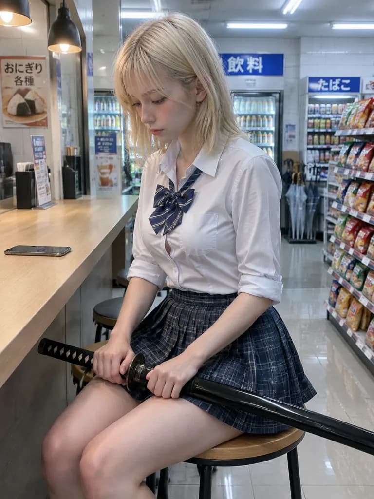 Katana Student in Modern Convenience Store