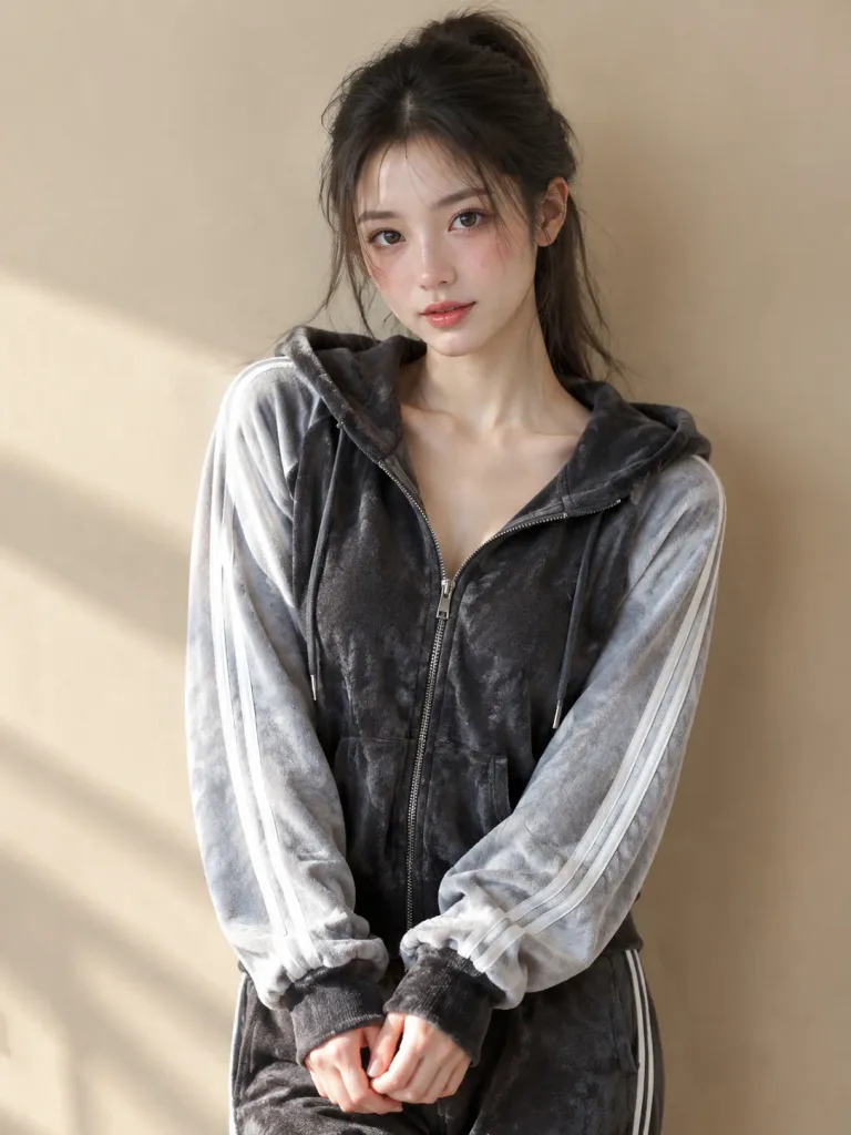 ベロアトラックスーツのカジュアルポートレート