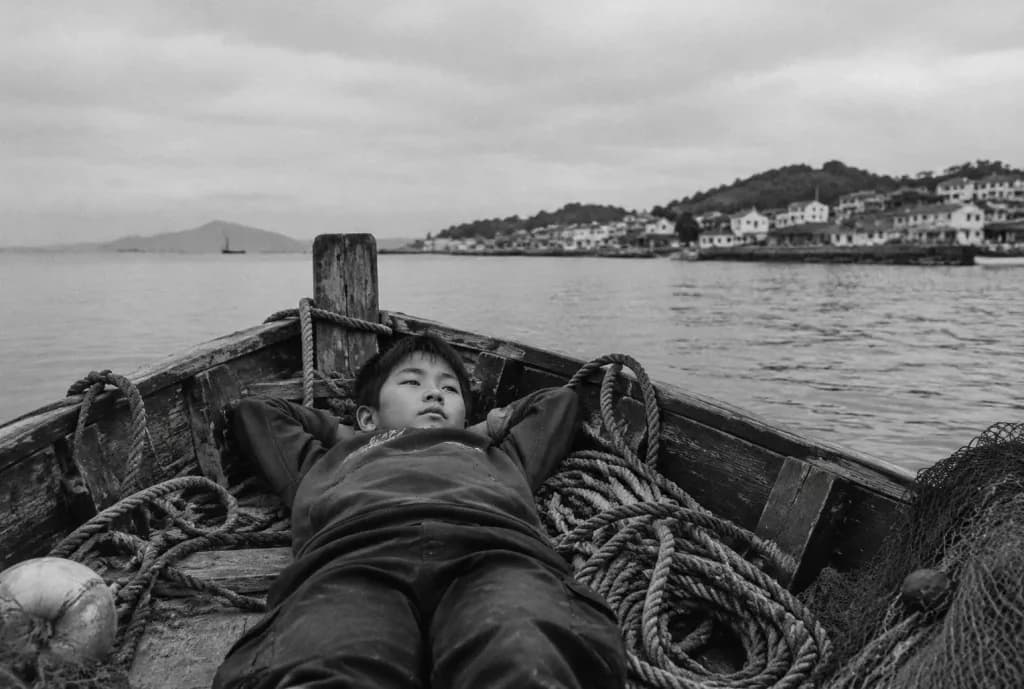 Child Resting in Wooden Fishing Boat