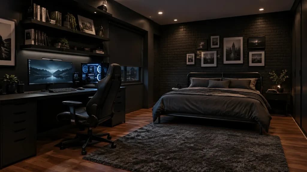 Modern Dark Bedroom and Workspace Interior