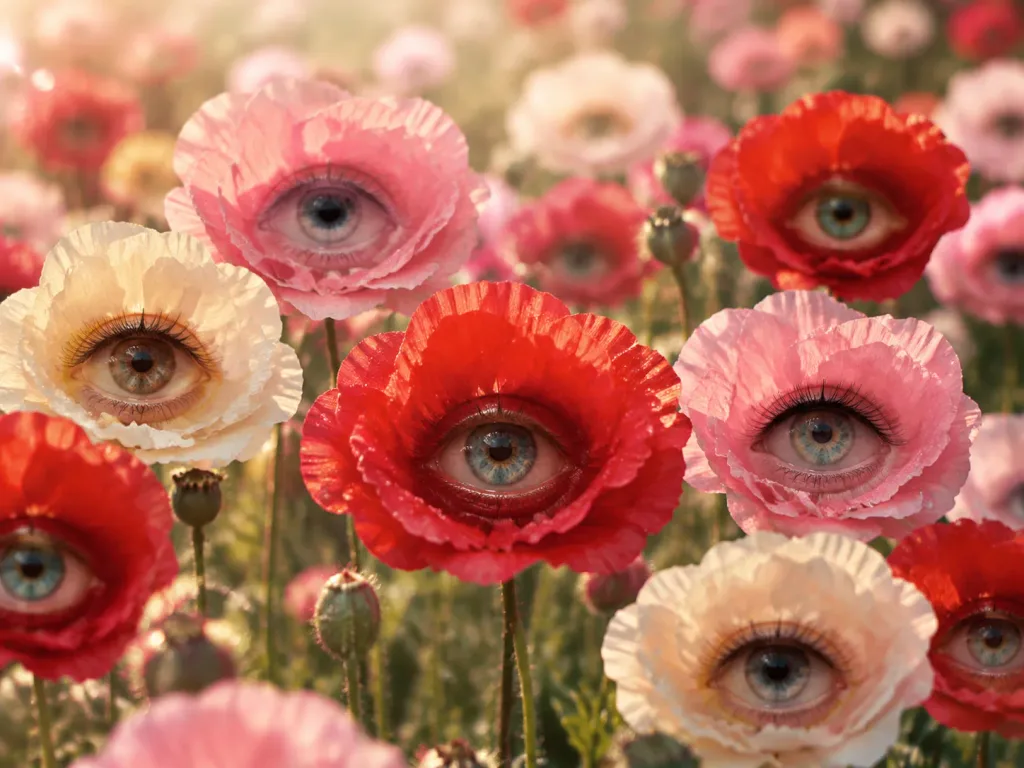 Surreal Poppy Field with Eyeball Centers