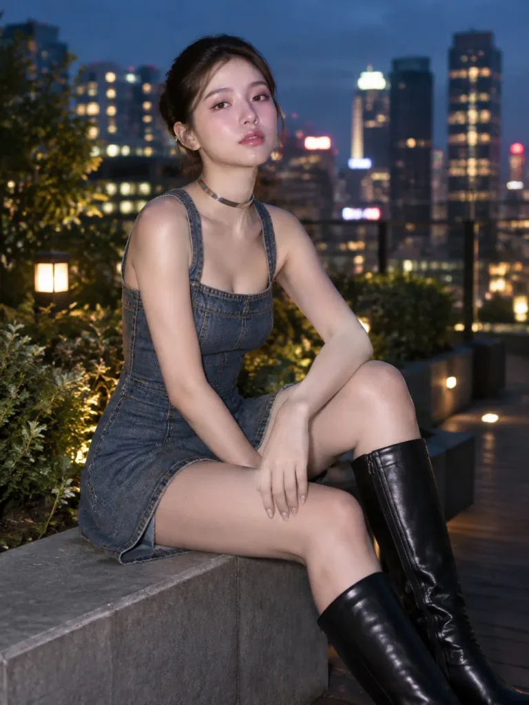 都市のルーフトップ夕暮れファッションポートレート