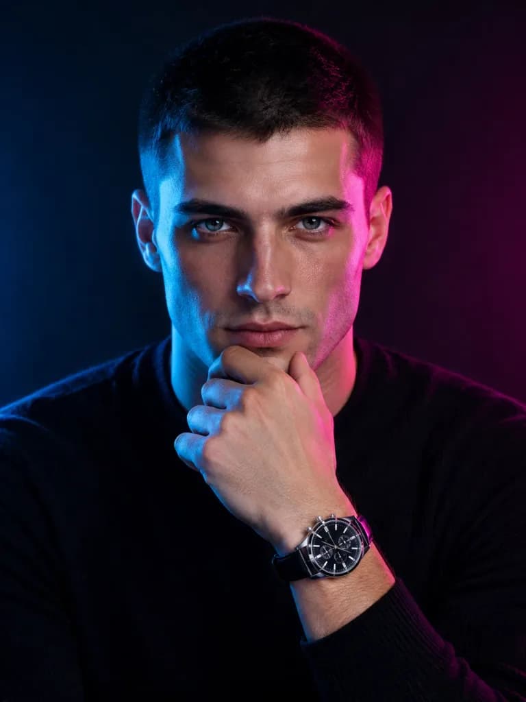 Neon Split-Lighting Studio Portrait