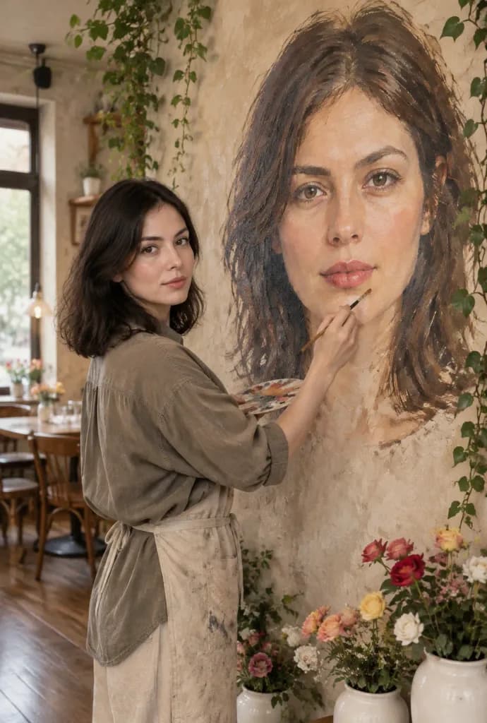 Femme peignant une fresque autoportrait