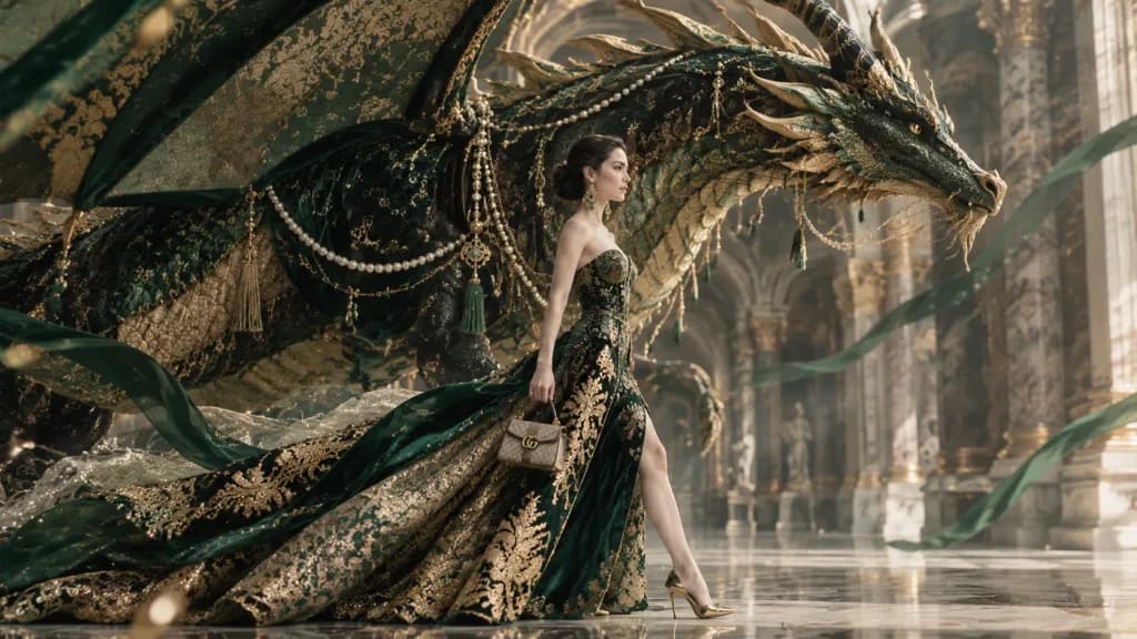 Haute-Couture-Editorial mit Kolossalem Drachen