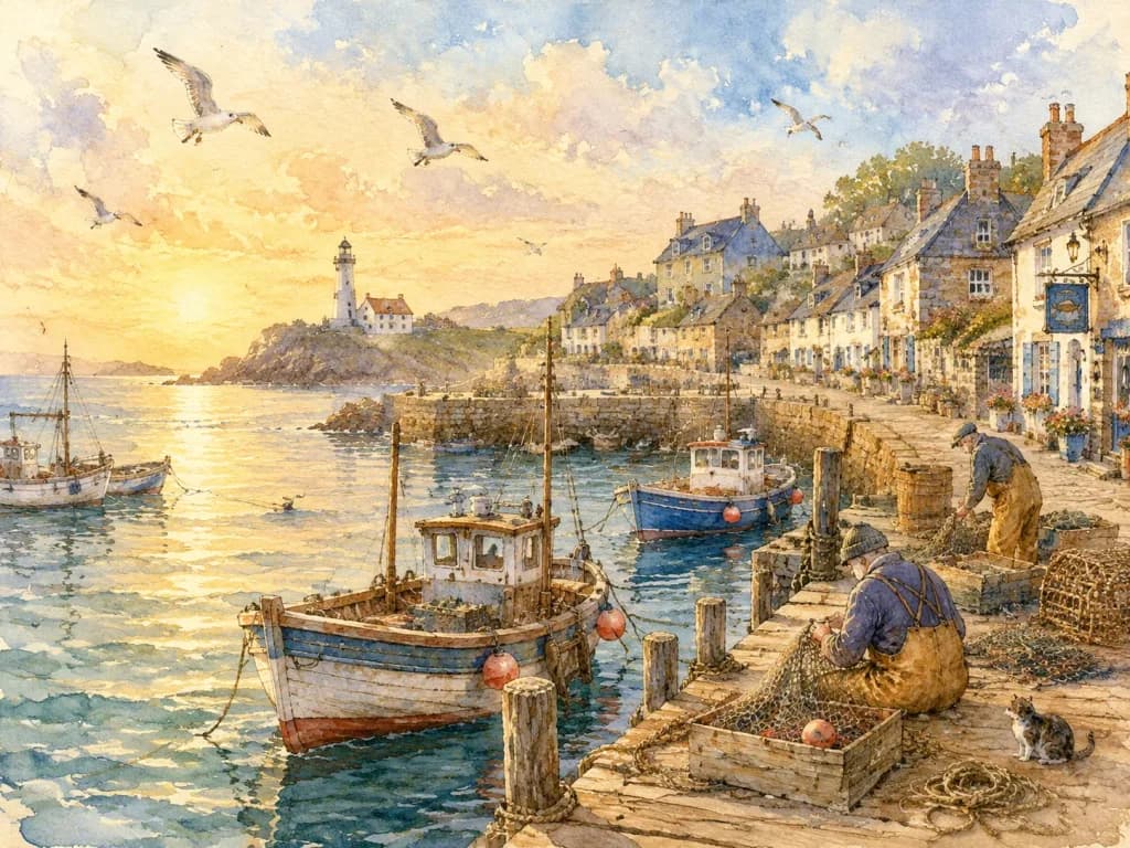 Illustrazione ad Acquerello di un Porto Costiero