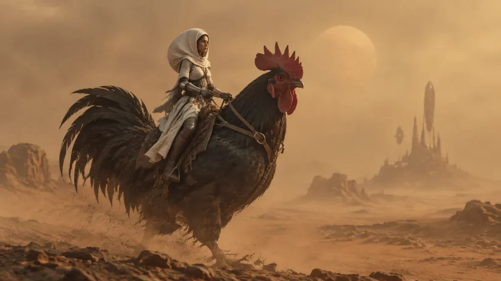 Woman Riding Giant Rooster in Desert