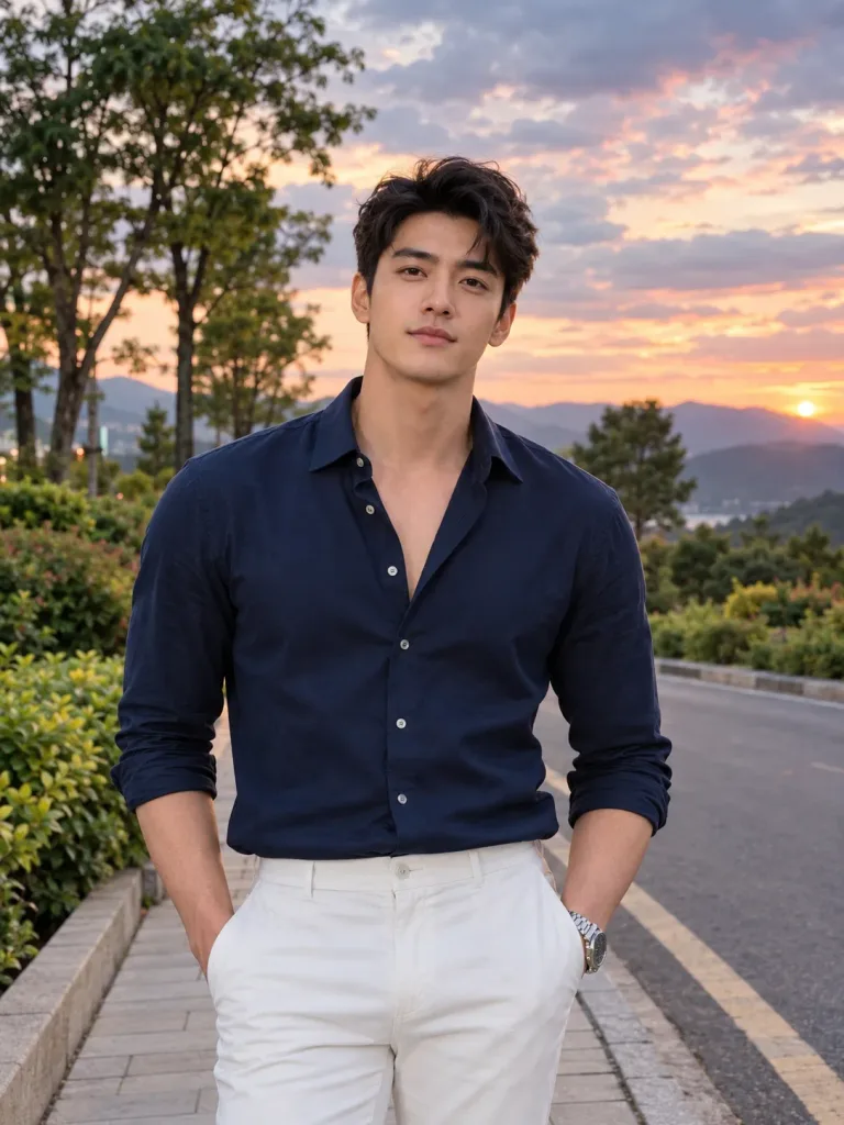 Fashion Portrait of Man on Sunset Sidewalk