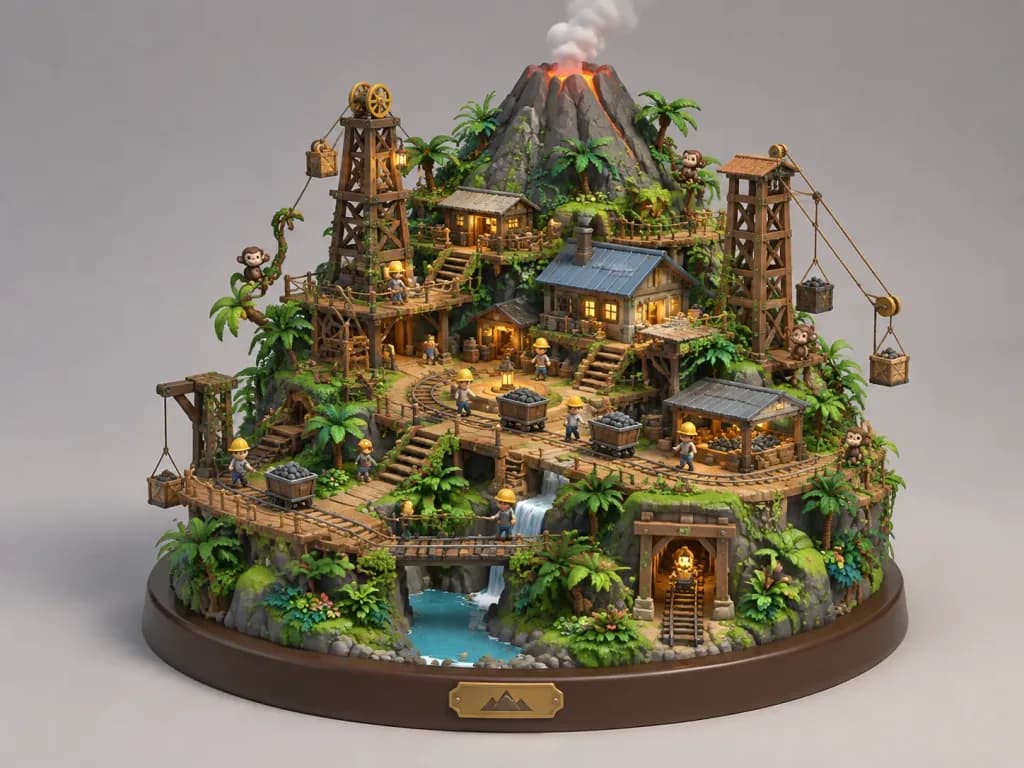 Volcanic Jungle Mining Settlement Miniature Diorama