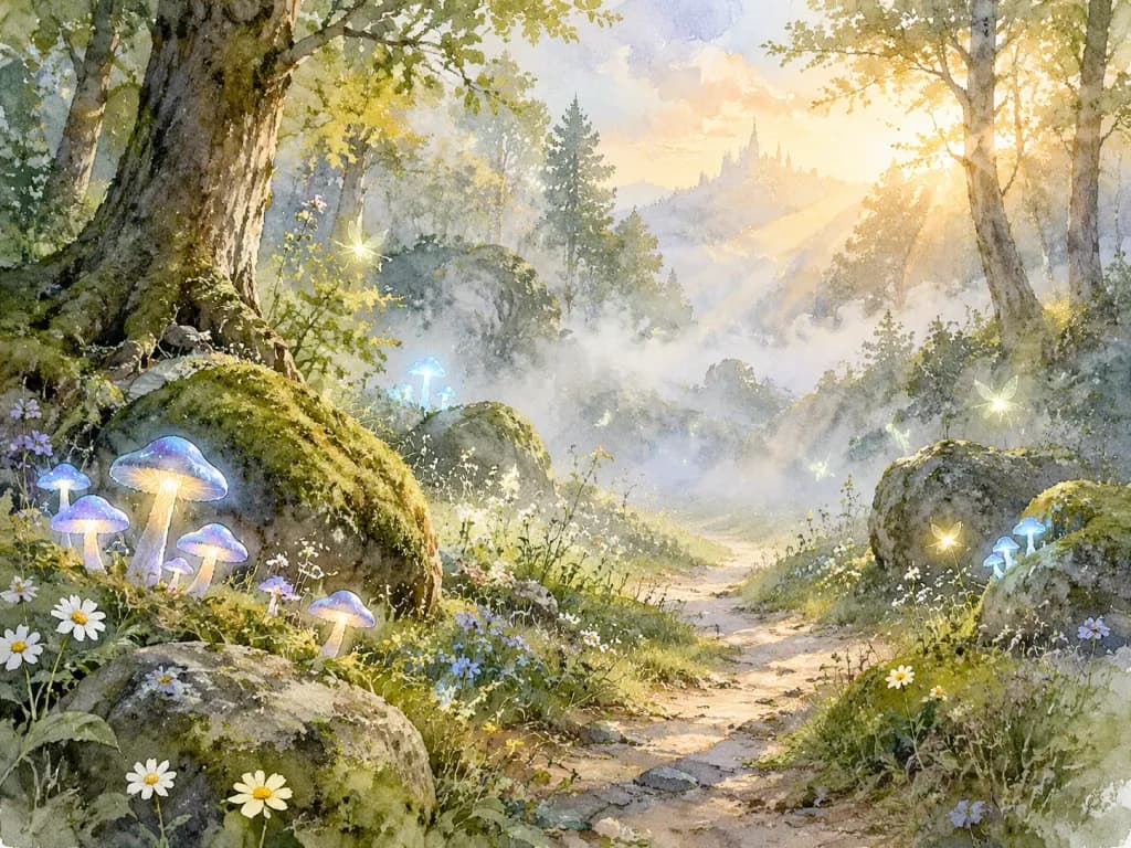 Watercolor Enchanted Forest Clearing at Dawn