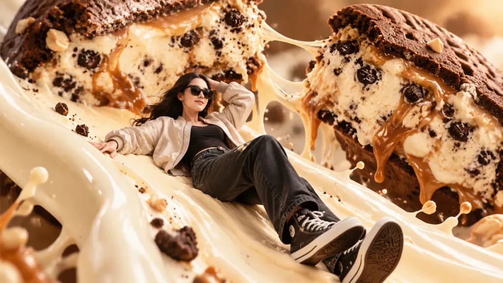 Woman Sliding Down Giant Dessert