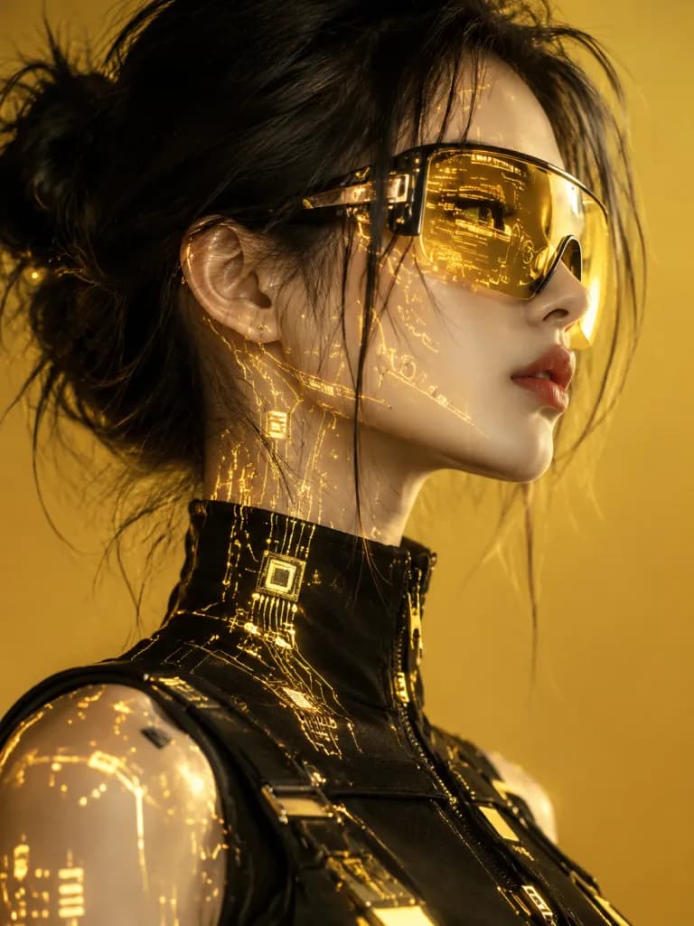 Cyberpunk Portrait with Golden Circuitry