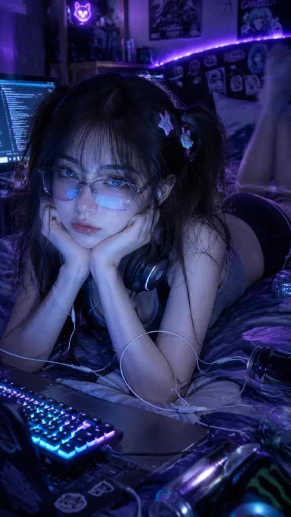 사이버 그런지 게이머 걸 침실 인물 사진
