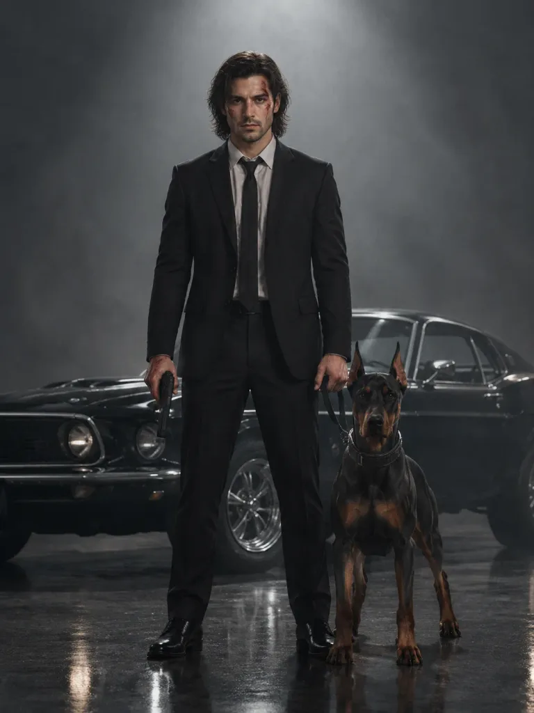 Neo-Noir-Filmstill eines Auftragsmörders mit Dobermann