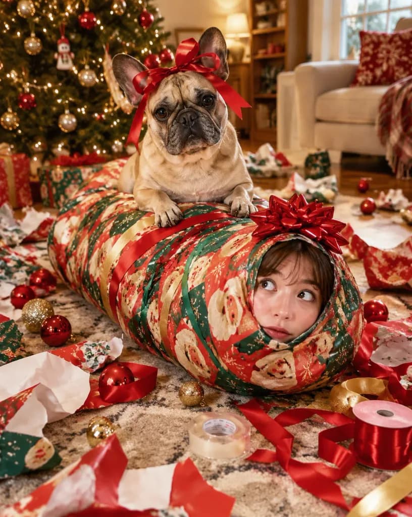 French Bulldog Wrapped Christmas Present