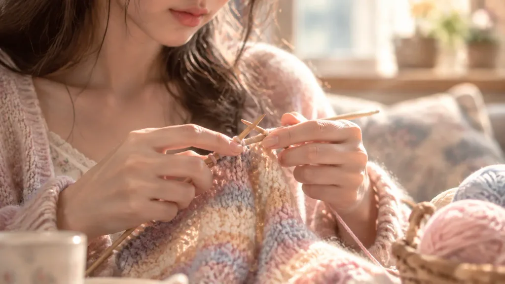 뜨개질하는 여성의 시네마틱 클로즈업