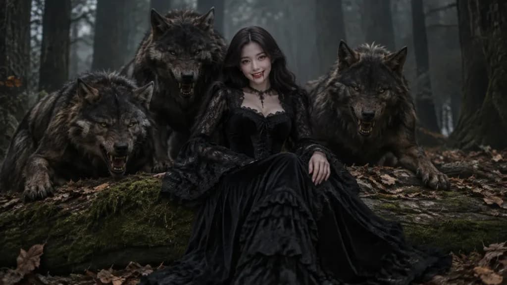 늑대인간들에 둘러싸인 뱀파이어 소녀