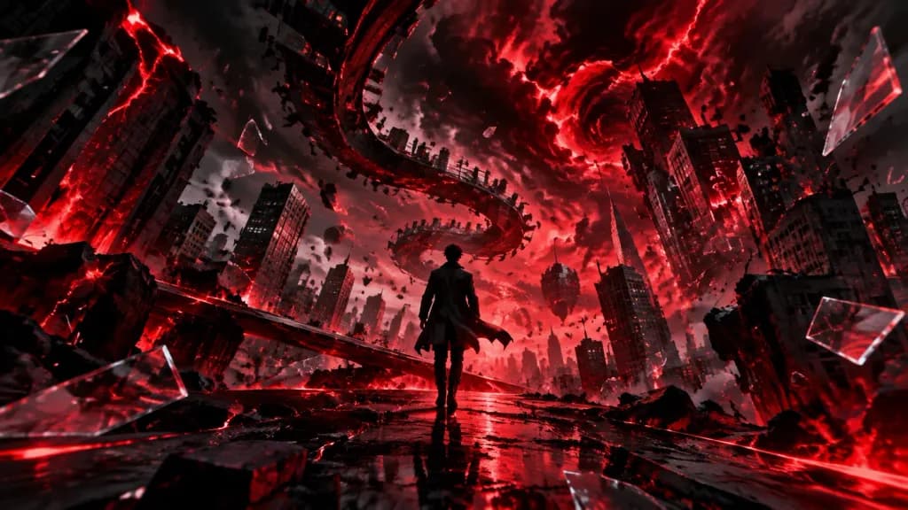 Einsame Gestalt in verzerrter dystopischer Stadt